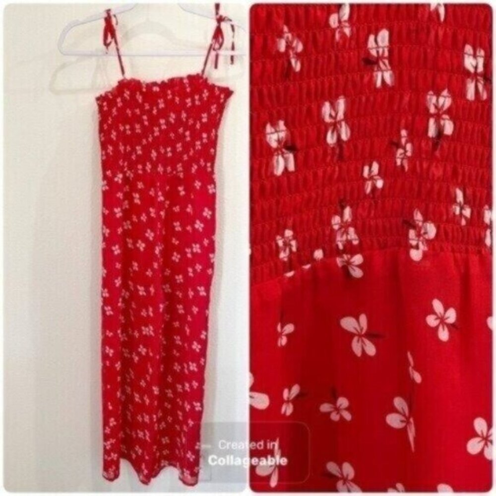 Bardot Floral Smocked Jumpsuit Red White Feminine Preppy Lightweight Lined